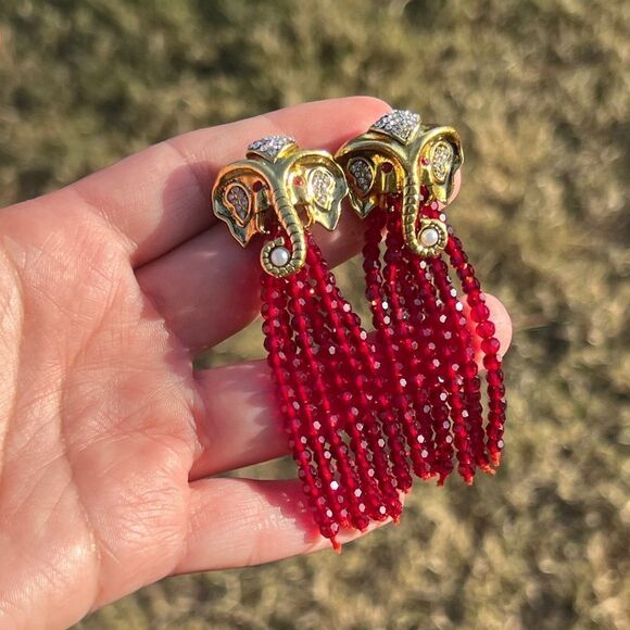 Gold Elephant Head Earrings with Red Bead Tassels - Picture 14 of 15